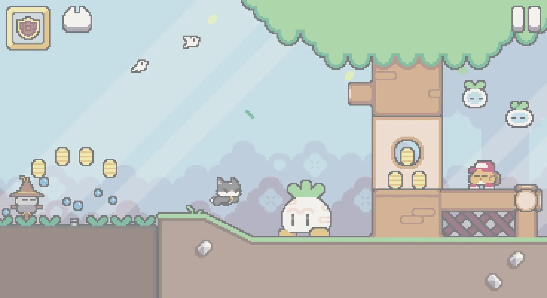 Καρέ από το Super Cat Tales 2: γάτα τρέχει σε πράσινο λόφο με νομίσματα και ξύλινο πύργο