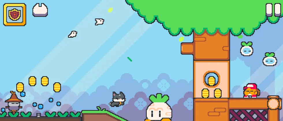 Στιγμιότυπο από το Super Cat Tales 2: πίστα με δέντρα, νομίσματα και δύο χαρακτήρες